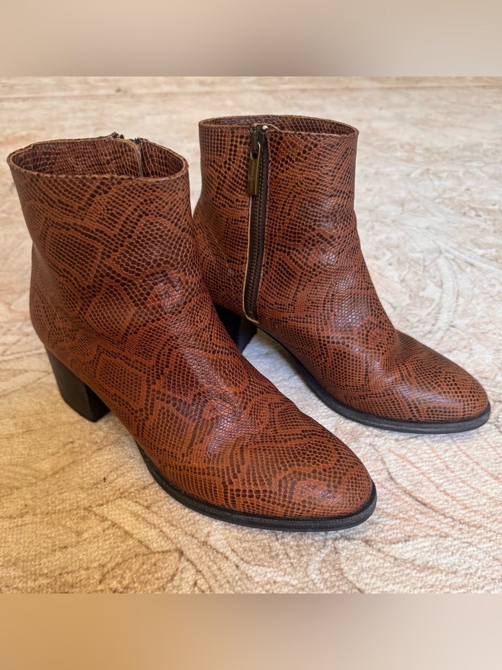 Poppy Barley Cognac Snake-Print Leather Ankle Booties with Side Zip